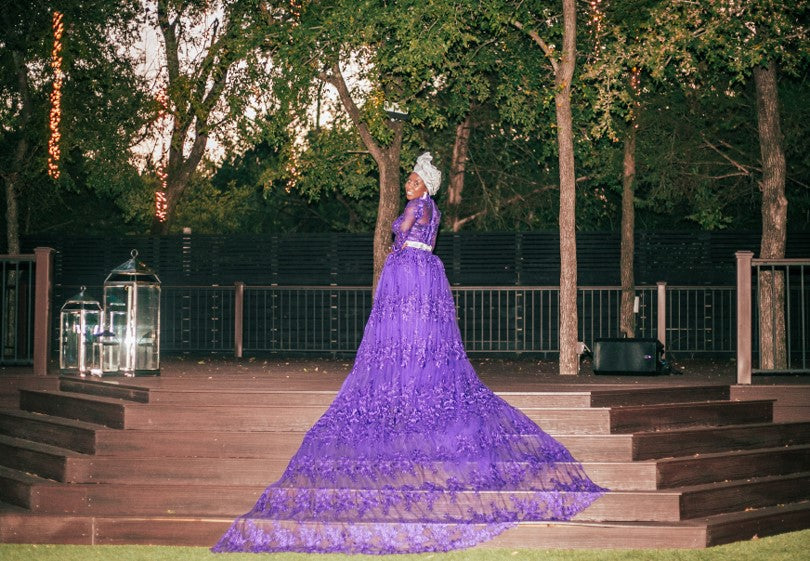 purple wedding dress with train Glamorous Purple Off-the-shoulder Wedding Dress Long Train Flowers